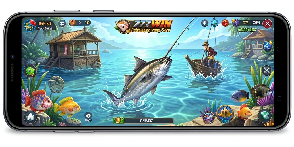 Screenshot gameplay <strong>777WIN</strong> menampilkan petualangan memancing yang seru.