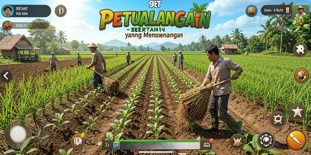 Tangkapan layar gameplay 9ET menampilkan lahan pertanian yang hijau dan aktivitas bercocok tanam.