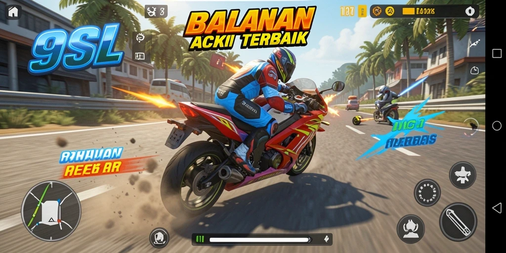 Screenshot game 9SL menampilkan aksi balap motor yang mendebarkan.