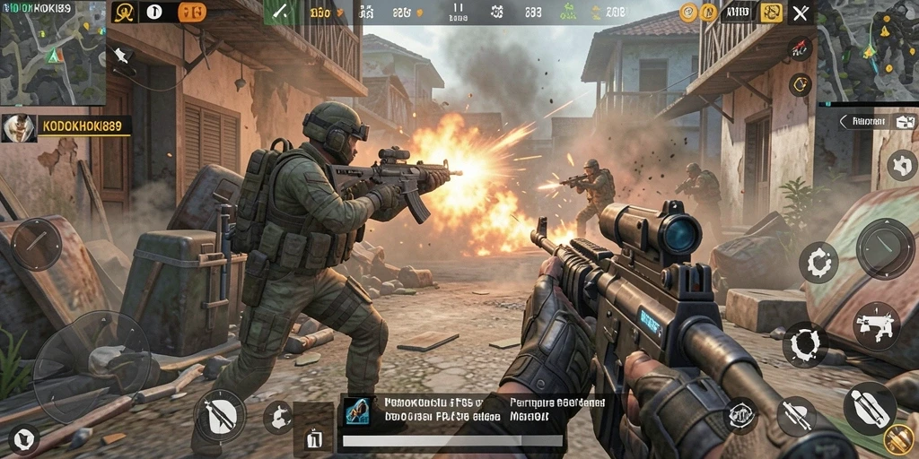 Screenshot dari KODOKHOKI889 menampilkan aksi pertempuran yang intens dalam kategori FPS.