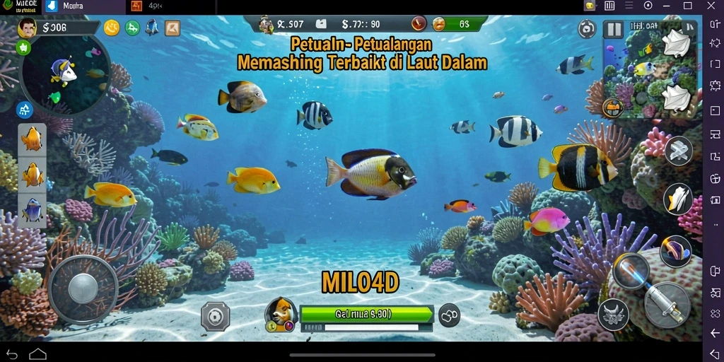 Screenshot gameplay MILO4D dengan aksi memancing seru di laut.
