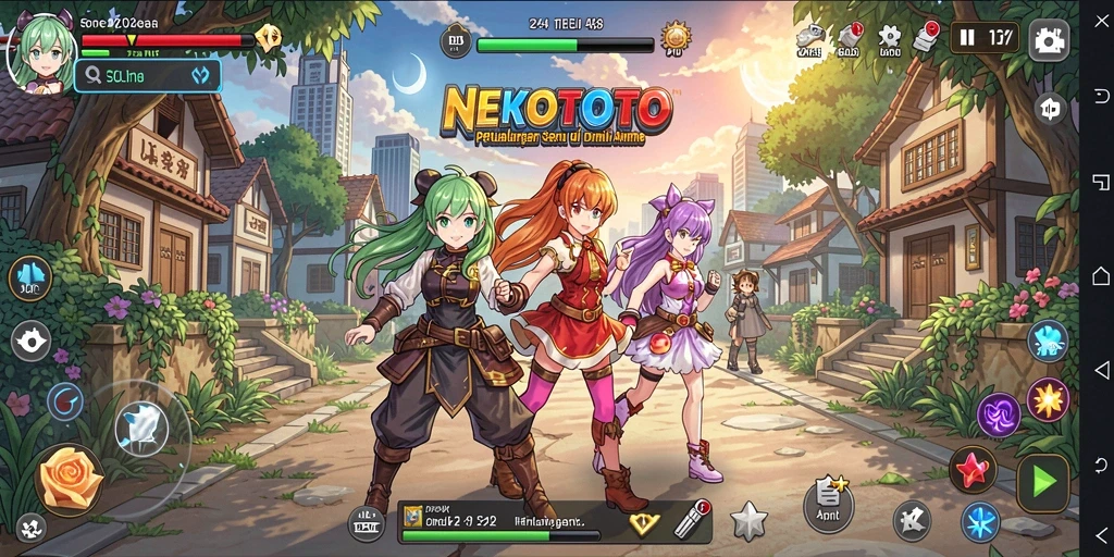 Tampilan gameplay NEKOTOTO yang penuh warna dan karakter anime.